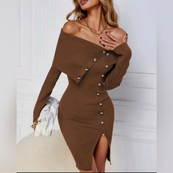 SHEIN Dresses & Skirts - Brown Off Shoulder Long Sleeve Dress  NWOT